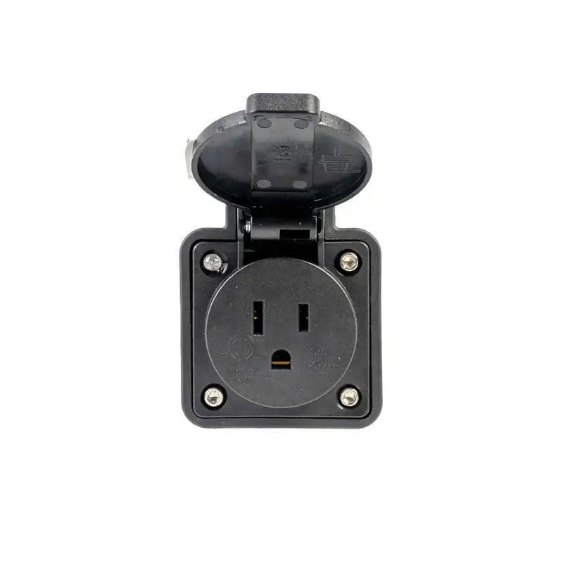 Black electrical outlet adapter with protective hinged cover, designed for EV Adapter J1772 to Nema 5-15 Plug, suitable for connecting electric unicycle chargers and other compatible devices.
