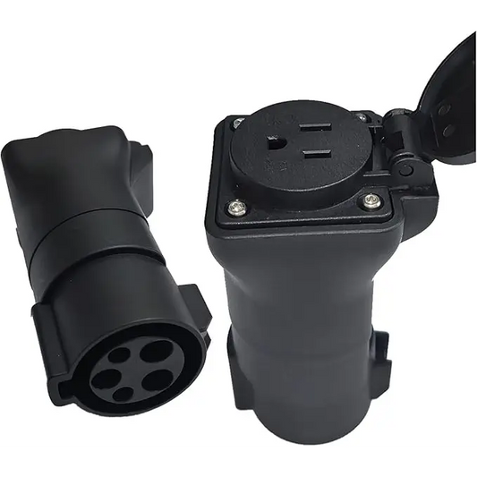 Black EV Adapter J1772 to Nema 5-15 Plug with protective cover for safe and convenient electric vehicle charging connections.