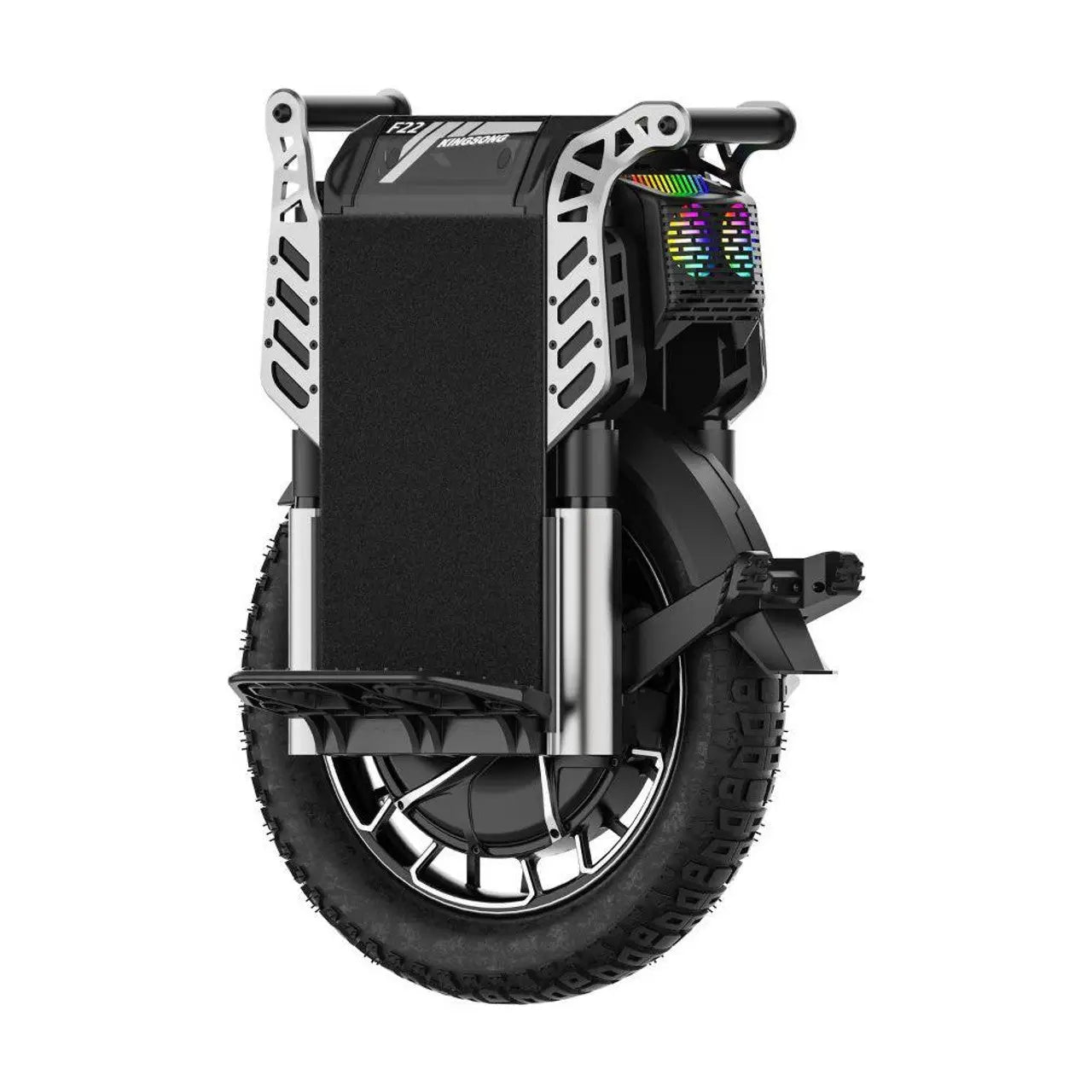 Kingsong F22 Pro electric unicycle with rugged tire, metal frame, and RGB lighting on black and silver body for advanced EUC riders and off-road mobility enthusiasts.