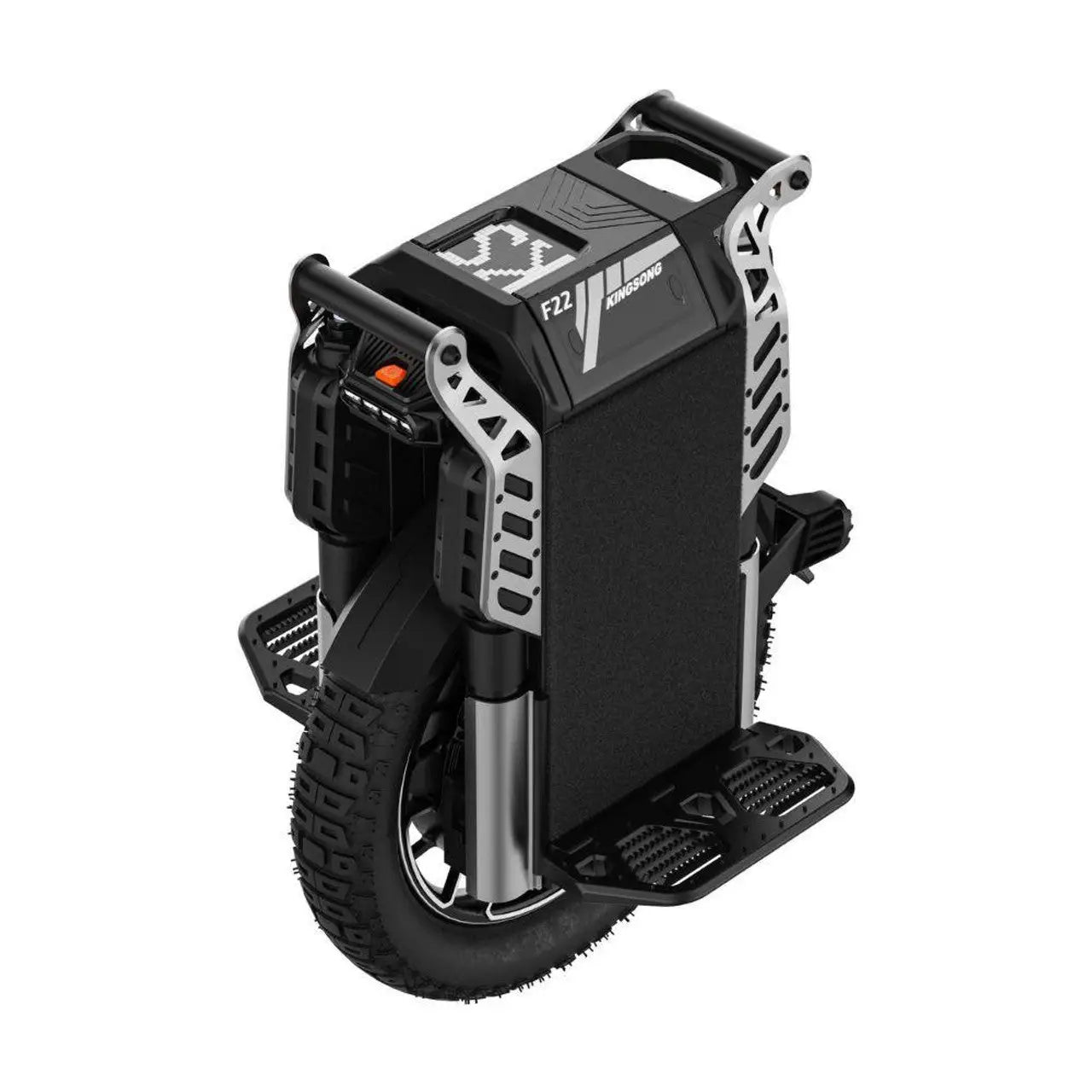 Kingsong F22 Pro electric unicycle in black and silver with rugged tire, foldable foot pedals, and durable frame designed for advanced mobility and off-road riding.