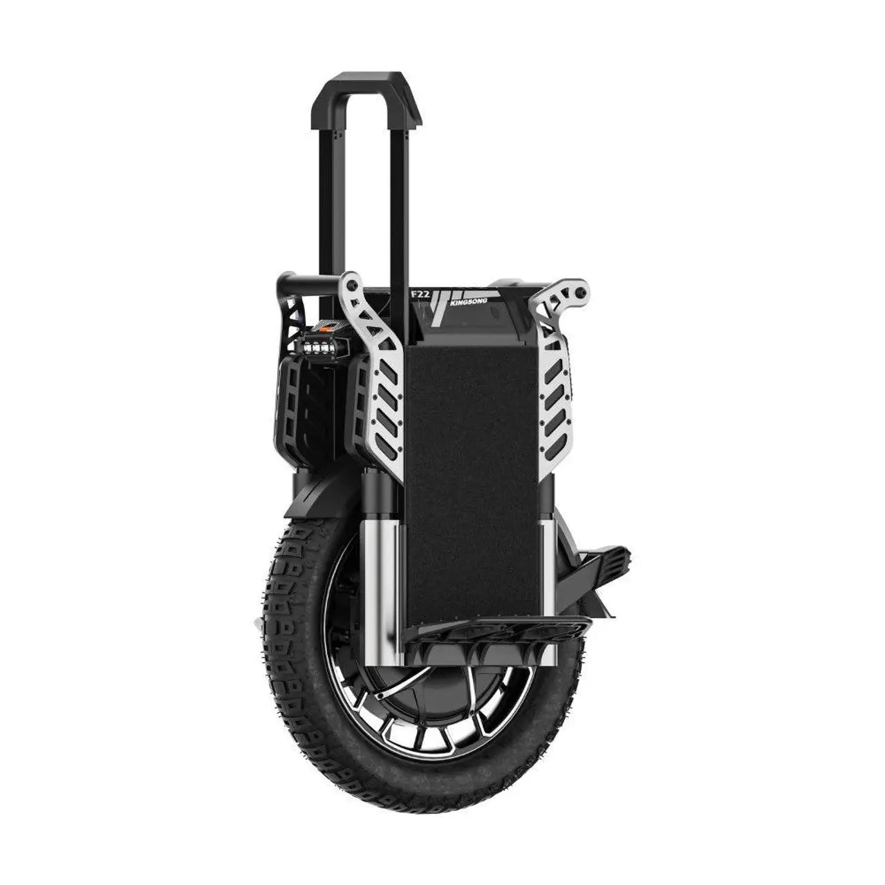 Kingsong F22 Pro electric unicycle with a sturdy black and silver frame, large thick tire, retractable handle, and foot pedals designed for advanced EUC riders.