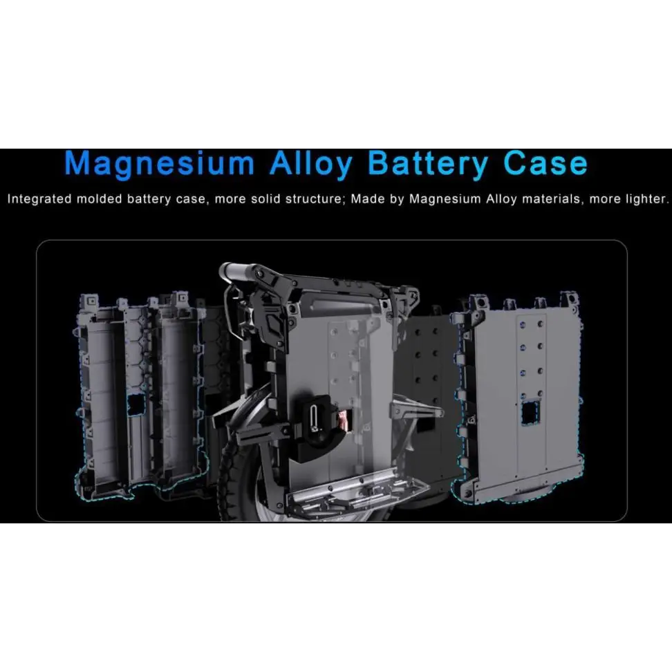 Detailed 3D rendering of a magnesium alloy battery case designed for the Leaperkim Patton-S EUC - 126V 2220Wh Battery - 3000W Electric Unicycle, showcasing a lightweight and solid structure.