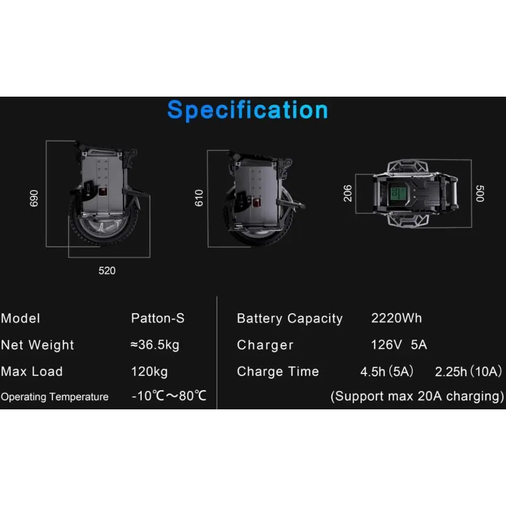 Technical specifications chart for the Leaperkim Patton-S EUC - 126V 2220Wh Battery - 3000W Electric Unicycle showing dimensions, battery capacity, weight, max load, charger details, charge time, and operating temperature range.