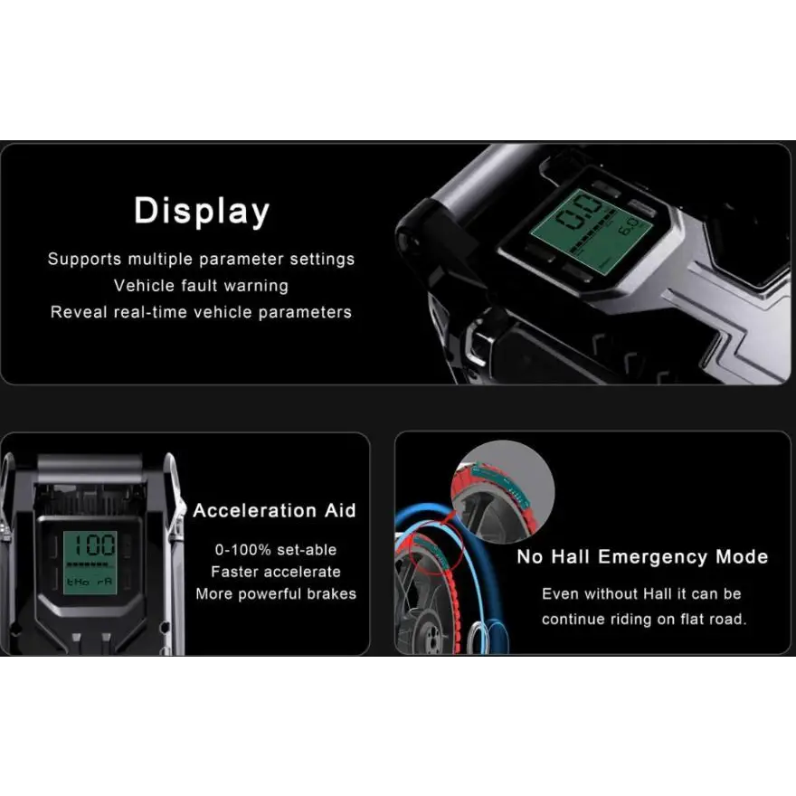 Close-up view of the display and control features on the Leaperkim Patton-S EUC - 126V 2220Wh Battery - 3000W Electric Unicycle, showing real-time parameters, acceleration aid, and no Hall emergency mode.