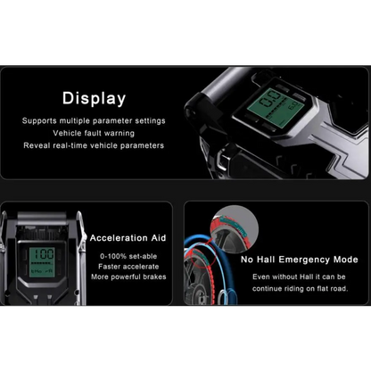 Close-up view of the display and control features on the Leaperkim Patton-S EUC - 126V 2220Wh Battery - 3000W Electric Unicycle, showing real-time parameters, acceleration aid, and no Hall emergency mode.