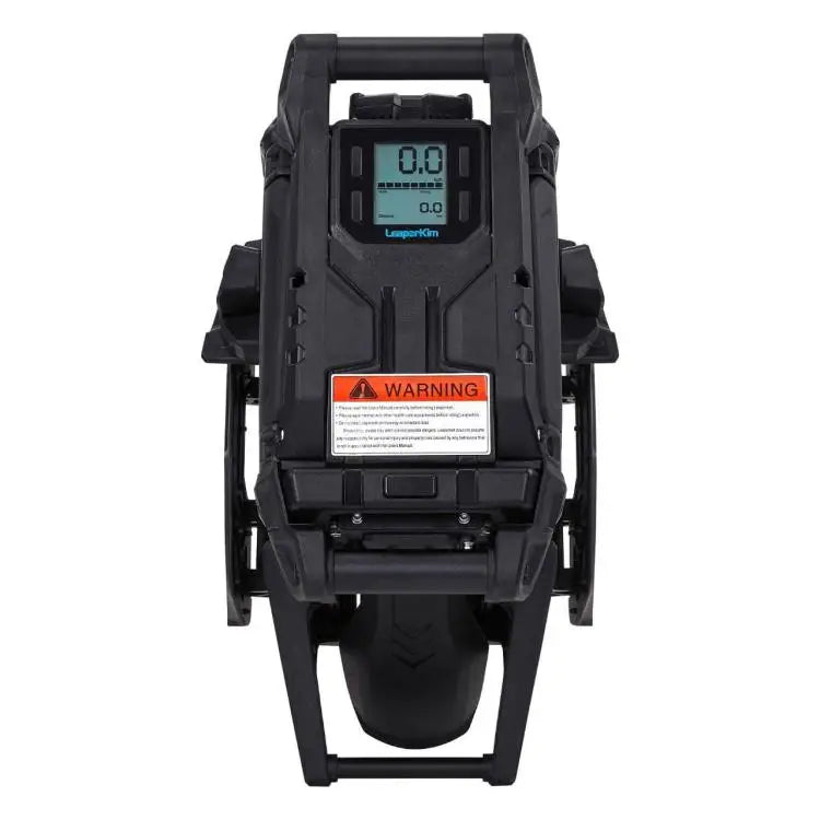 Front view of the Leaperkim Patton-S EUC - 126V 2220Wh Battery - 3000W Electric Unicycle showing the digital display, sturdy frame, and protective warning label.