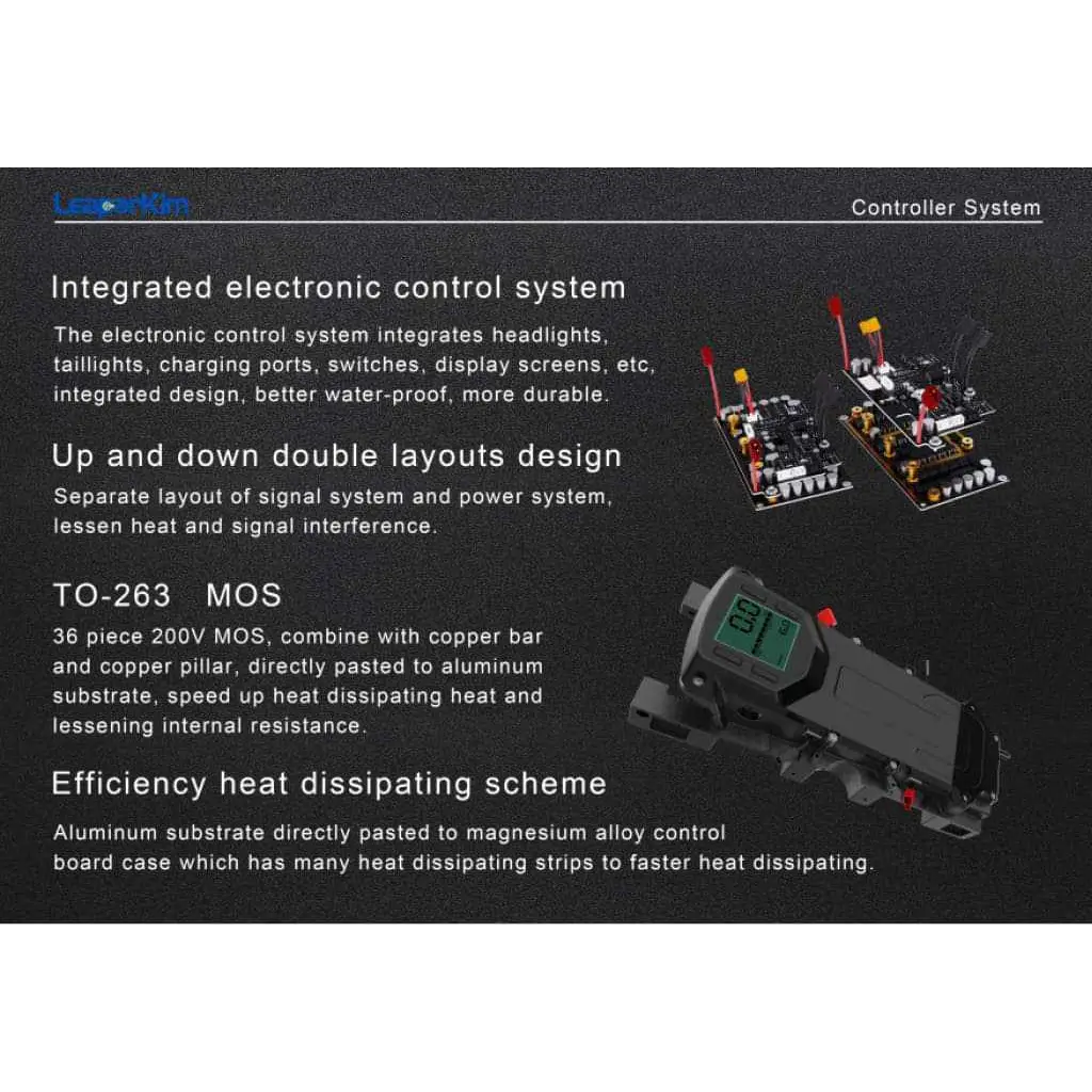 Leaperkim Sherman L Electric Unicycle - 151V 4000Wh Long Range EUC - 90mm Suspension electronic control system features integrated headlights, taillights, charging ports, switches, and display screens with double layouts design and advanced heat dissipation for durable performance.
