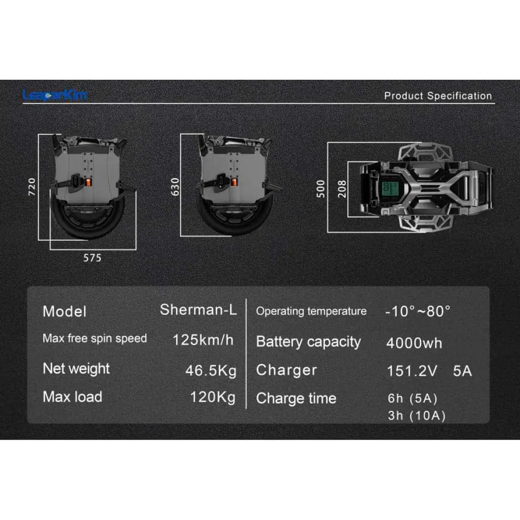 Specifications chart showing dimensions and technical details of the Leaperkim Sherman L Electric Unicycle - 151V 4000Wh Long Range EUC - 90mm Suspension, including max speed, weight, load, battery capacity, charger, and charge time.