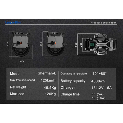 Specifications chart showing dimensions and technical details of the Leaperkim Sherman L Electric Unicycle - 151V 4000Wh Long Range EUC - 90mm Suspension, including max speed, weight, load, battery capacity, charger, and charge time.