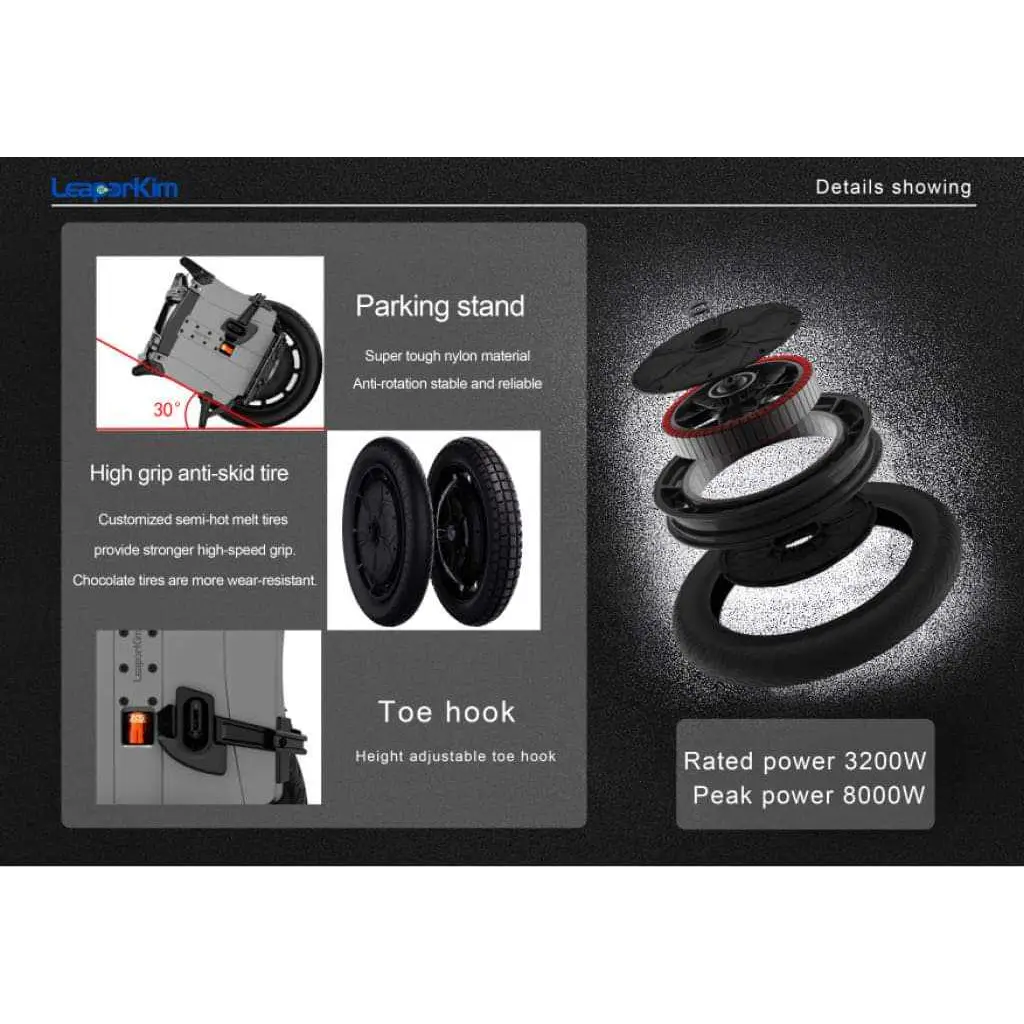 Exploded view of the Leaperkim Sherman L Electric Unicycle - 151V 4000Wh Long Range EUC - 90mm Suspension showing high grip anti-skid tire, adjustable toe hook, parking stand, and 3200W rated power with 8000W peak power.
