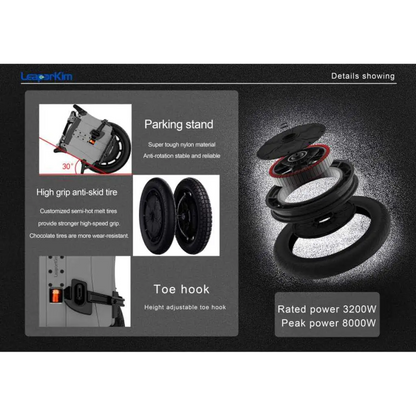 Exploded view of the Leaperkim Sherman L Electric Unicycle - 151V 4000Wh Long Range EUC - 90mm Suspension showing high grip anti-skid tire, adjustable toe hook, parking stand, and 3200W rated power with 8000W peak power.