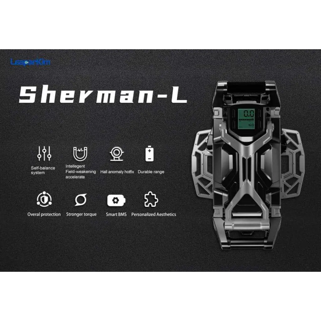 Leaperkim Sherman L Electric Unicycle - 151V 4000Wh Long Range EUC - 90mm Suspension showing self-balance system, intelligent field weakening accelerate, hall anomaly reflex, durable range, overall protection, stronger torque, smart BMS, and personalized aesthetics features.