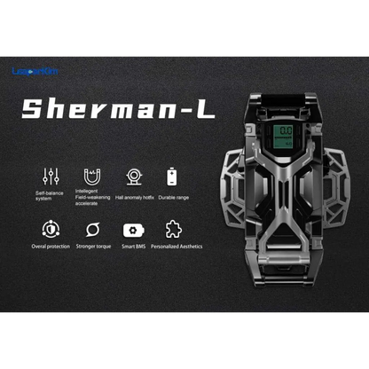 Leaperkim Sherman L Electric Unicycle - 151V 4000Wh Long Range EUC - 90mm Suspension showing self-balance system, intelligent field weakening accelerate, hall anomaly reflex, durable range, overall protection, stronger torque, smart BMS, and personalized aesthetics features.