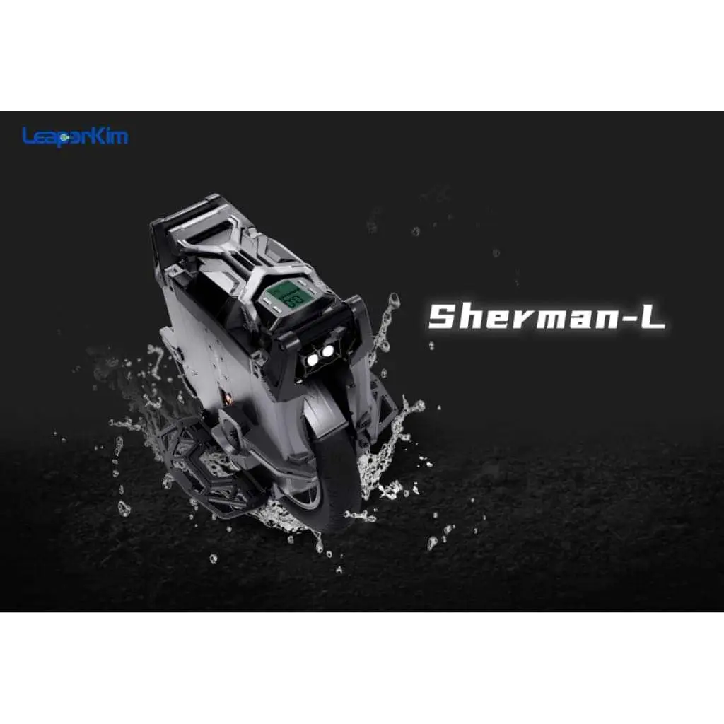 Leaperkim Sherman L Electric Unicycle - 151V 4000Wh Long Range EUC - 90mm Suspension shown on wet terrain with water splashing, highlighting its durability and advanced design.