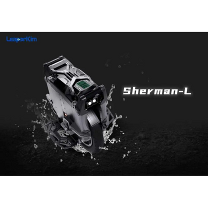 Leaperkim Sherman L Electric Unicycle - 151V 4000Wh Long Range EUC - 90mm Suspension shown on wet terrain with water splashing, highlighting its durability and advanced design.