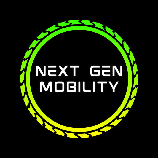 Black background with a circular gradient tire tread design in green and yellow surrounding the text Next Gen Mobility, representing the Next Gen Mobility Gift Card logo.