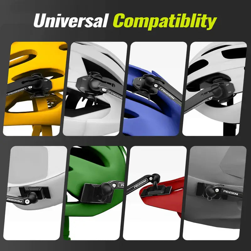 Pidzoom Helmet Mirror shown attached to helmets of various colors, demonstrating its universal compatibility for enhanced rearview safety.