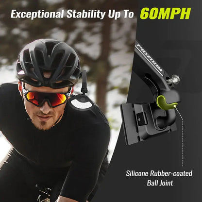 Close-up of a cyclist wearing a helmet equipped with the Pidzoom Helmet Mirror featuring a silicone rubber-coated ball joint for exceptional stability up to 60 mph.