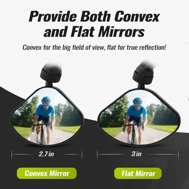Comparison of convex and flat mirrors showing a cyclist riding on a sunny road, highlighting the Pidzoom Helmet Mirror's options for wider field of view and accurate reflection.