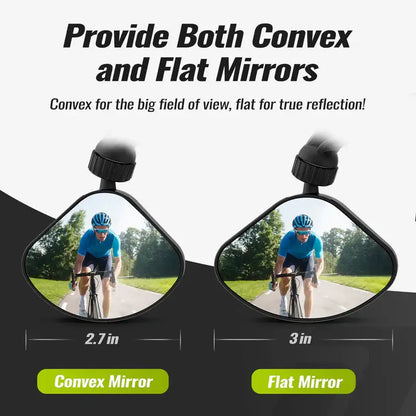 Comparison of convex and flat mirrors showing a cyclist riding on a sunny road, highlighting the Pidzoom Helmet Mirror's options for wider field of view and accurate reflection.