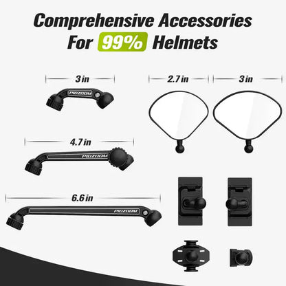 Pidzoom Helmet Mirror accessory set displaying various adjustable mirror arms and mounting bases compatible with 99% of helmets for enhanced rearview visibility and safety.