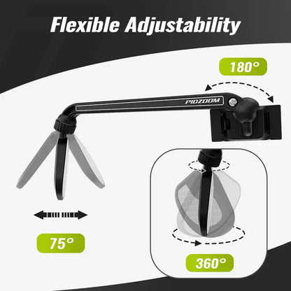 Pidzoom Helmet Mirror showing flexible adjustment features with 180-degree horizontal rotation, 75-degree vertical tilt, and 360-degree swivel for customized rearview angles.