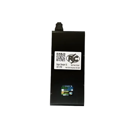 Roger Charger SC black rectangular battery charger unit with user interface display and brand logo, designed for electric unicycle use.