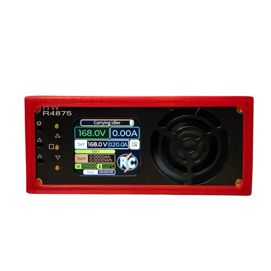 Roger Charger V4SC electronic charger with digital display showing voltage, current, and operational status, housed in a red casing with cooling fan.